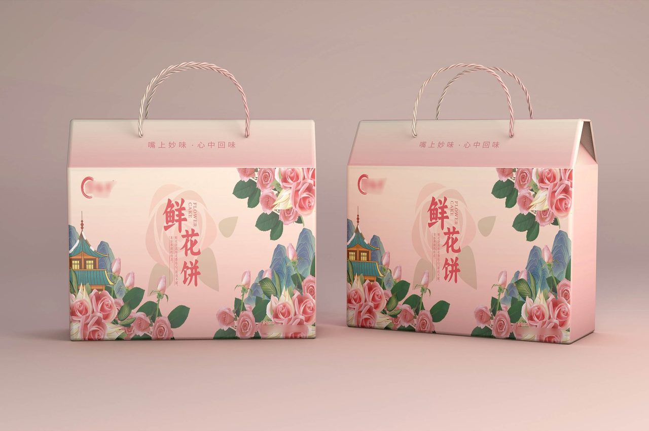 饼类经典包装：花卉鲜花饼手提袋